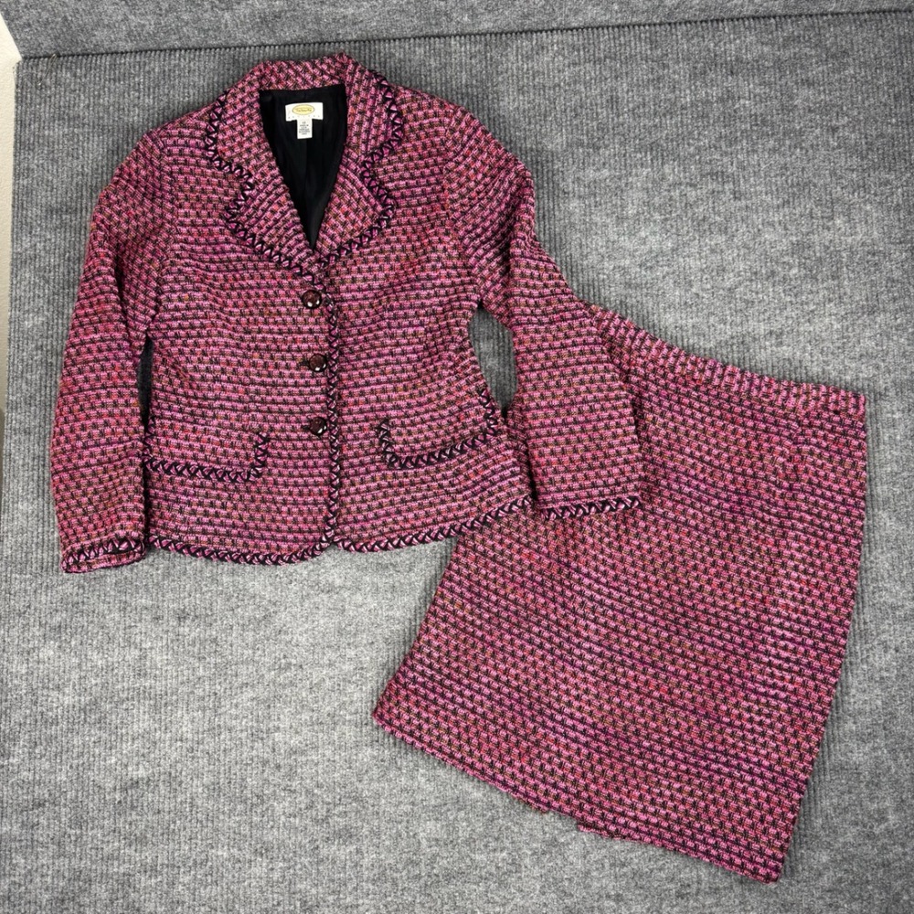 Vtg Y2K Talbots Petites 2 Pc Suit Womens 4 Pink Tweed Blazer Skirt USA Made Chic